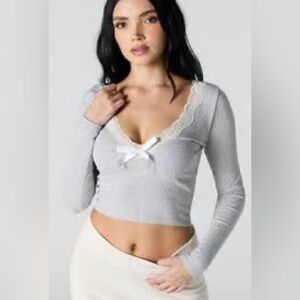🆕 🌻3/$40🌻 Forever21 Grey Long Sleeve Ribbed Lace Trim Top Size S NWOT